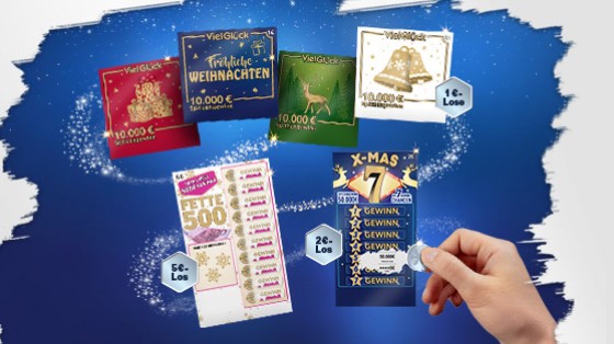 WestLotto-Rubbellose Viel Glück Weihnachten, X-MAS 7 und FETTE 500 Winter vor blauem Hintergrund