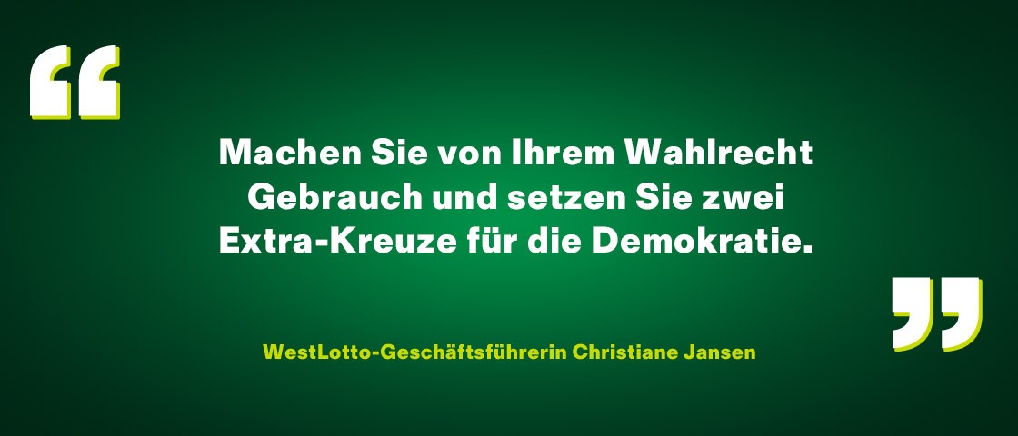 Zitat von WestLotto-Geschäftsführerin Christiane Jansen auf dunkelgrünem Hintergrund