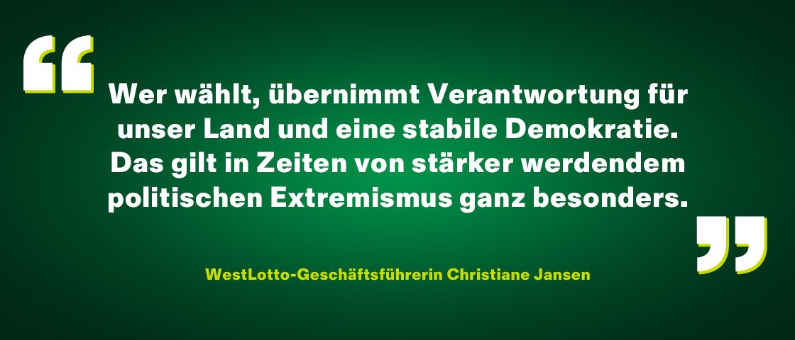 Zitat von WestLotto-Geschäftsführerin Christiane Jansen auf dunkelgrünem Hintergrund