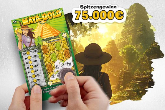 Zwei Hände rubbeln Rubbellos Maya Gold auf, dahinter eine Silhoutte mit Hut. | WestLotto-Rubbellos Maya Gold