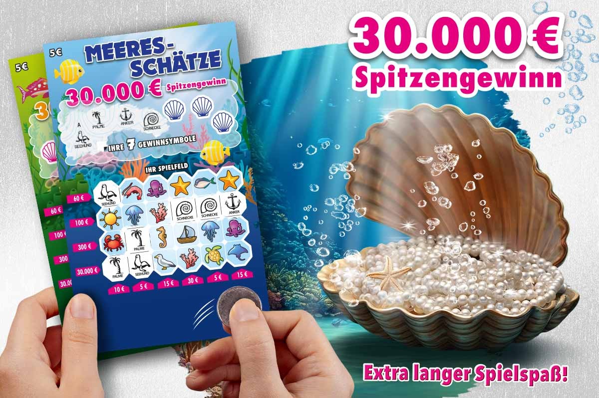 Rubbellos Meeresschätze wird von zwei gezeichneten Händen aufgerubbelt | WestLotto Rubbellos Meeresschätze wird von zwei gezeichneten Händen aufgerubbelt | WestLotto