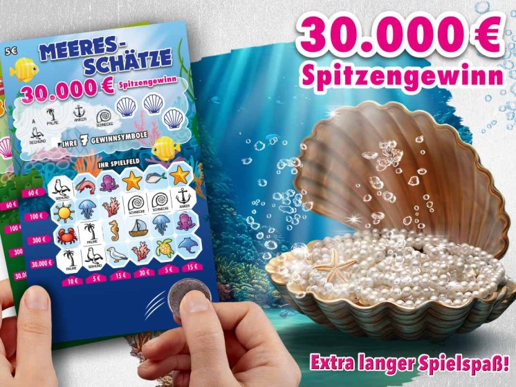 Grafik mit Rubbellos neben einer Muschel voller Perlen | WestLotto Rubbellos Meeres-Schätze