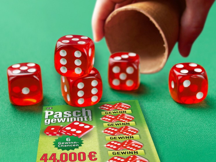 Grafik zeigt Rubbellos Pasch gewinnt mit Würfeln und einem Würfelbecher | WestLotto