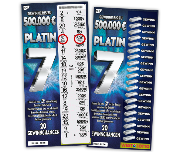 Zwei Rubbellose Platin 7 - eins davon aufgerubbelt mit Gewinnsymbolen | WestLotto-Rubbellos
