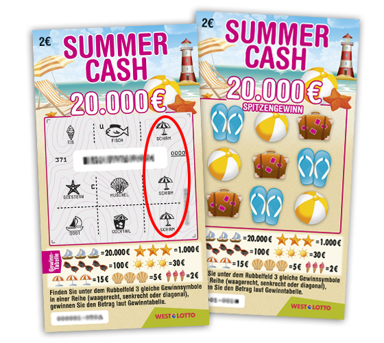 Zwei Rubbellose Summer Cash - eins davon aufgerubbelt mit Gewinnsymbolen | WestLotto-Rubbellos Summer Cash