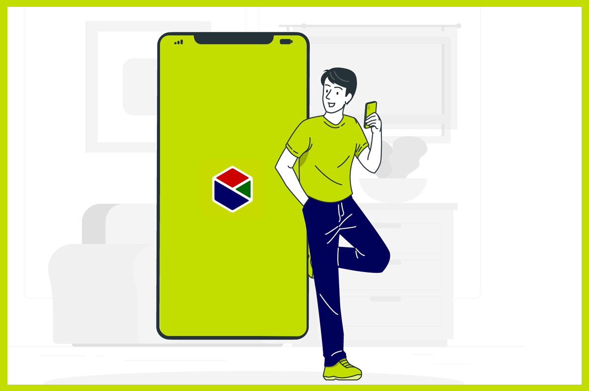 Gezeichnete Figur lehnt sich an riesiges Smartphone, auf dem WestLotto-App geöffnet ist. 