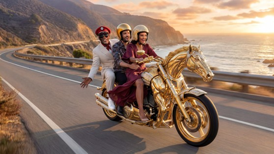 Drei Personen fahren auf einem goldenen Motorrad in Pferdeform - WestLotto Eurojackpot