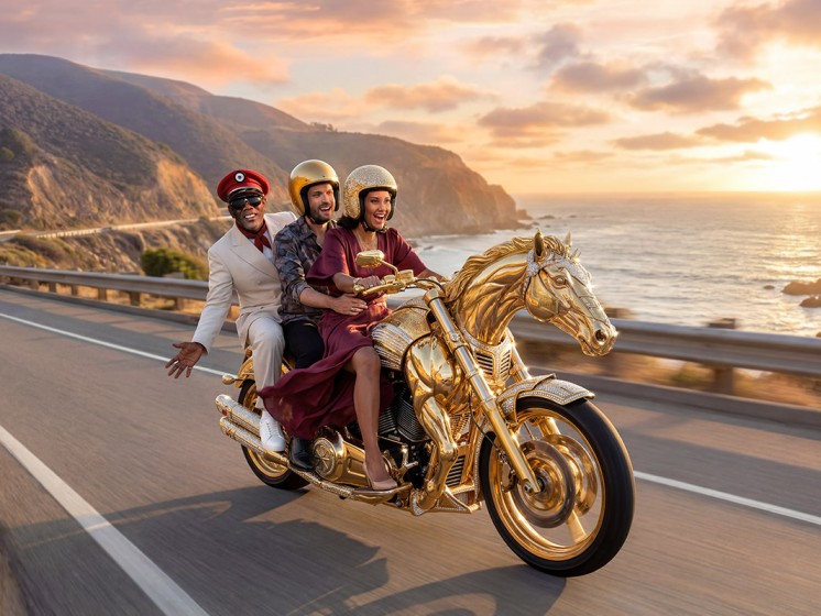 Drei Personen fahren auf einem goldenen Motorrad in Pferdeform - WestLotto Eurojackpot