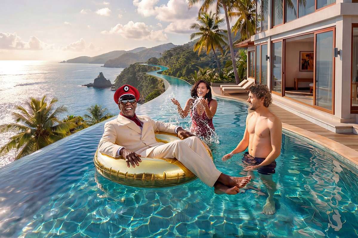 Drei Personen in einem riesigen luxuriösen Infinity-Pool - WestLotto Eurojackpot