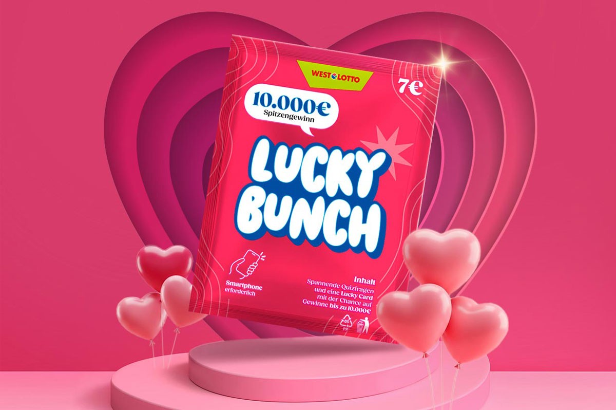 Rubbel-Quiz Lucky Bunch schwebt über pinker Treppe - umgeben von pinken Herz-Luftballons