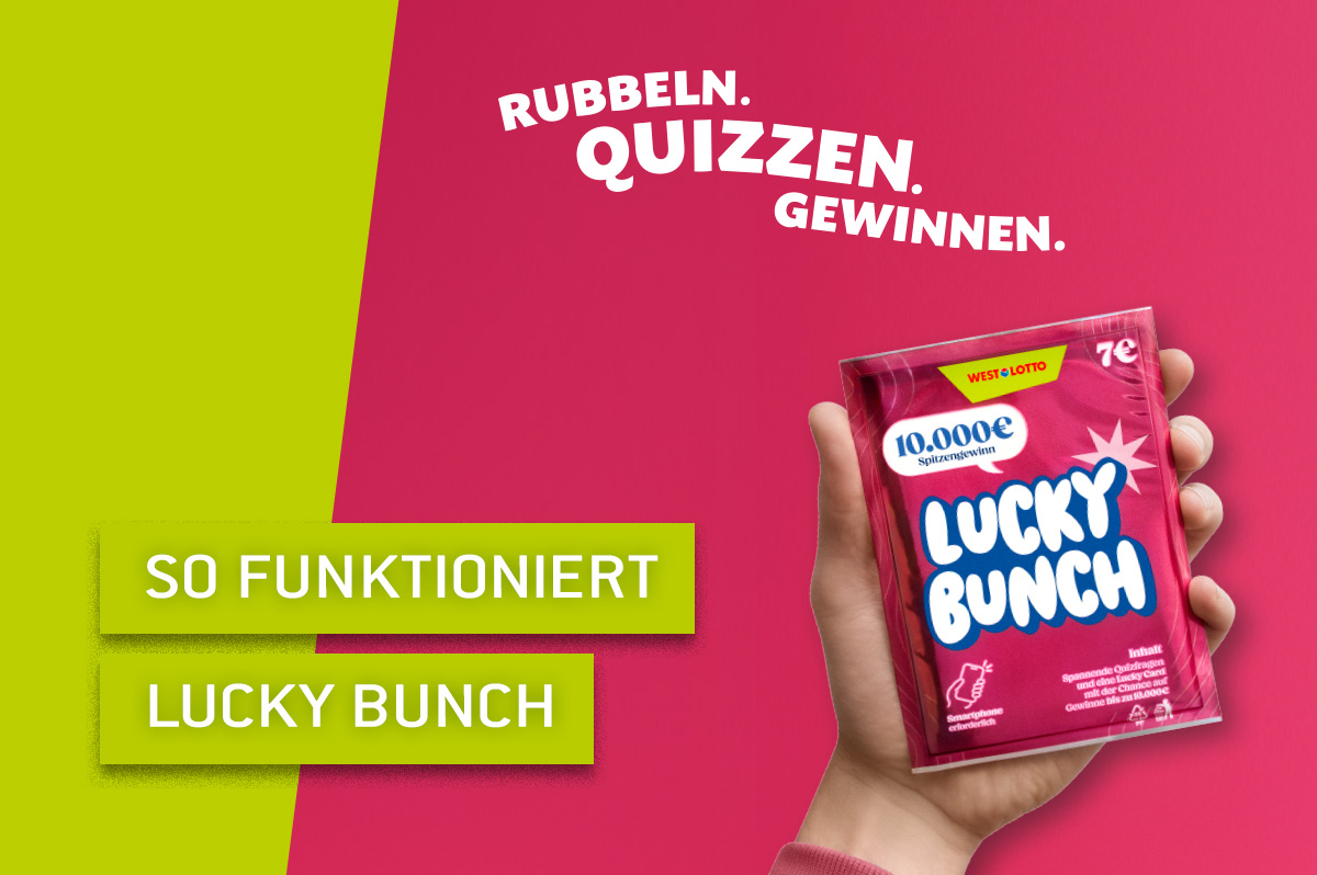 Hand hält WestLotto-Rubbelquiz Lucky Bunch hoch.