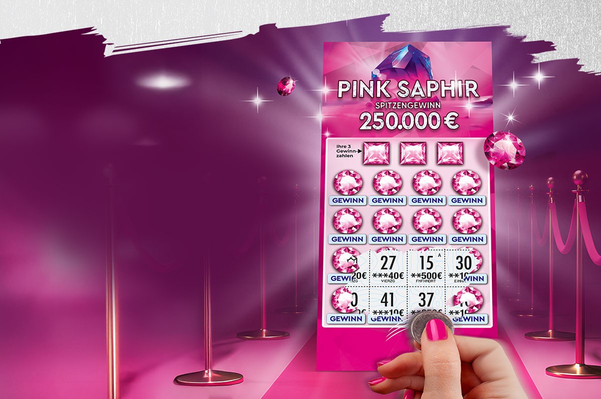 WestLotto-Rubbellos Pink Saphir auf einem pinken Teppich