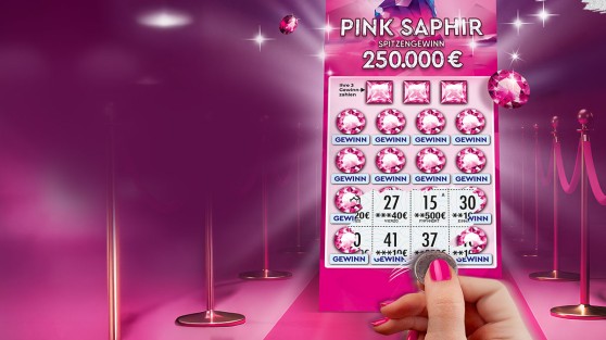 WestLotto-Rubbellos Pink Saphir auf einem pinken Teppich