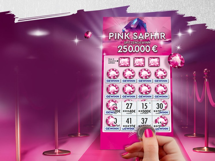 WestLotto-Rubbellos Pink Saphir auf einem pinken Teppich