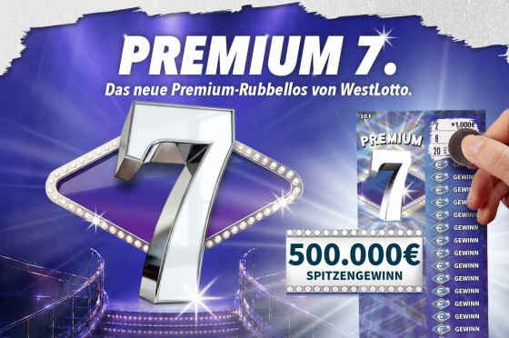 Kampagnenmotiv des WestLotto-Rubbelloses Premium 7 - Die Zahl 7 steht auf einer Show-Treppe.
