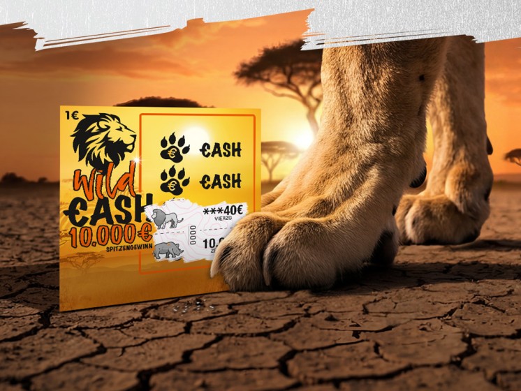 Zwei Löwenpranken in der Savanne. In einer Pranke steckt das WestLotto-Rubbellos Wild Cash