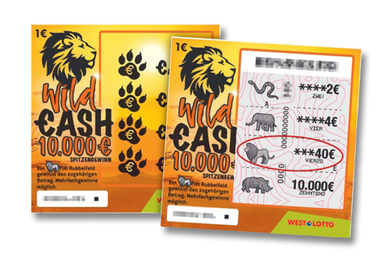 Zwei WestLotto-Rubbellose Wild Cash. Eins davon aufgerubbelt.