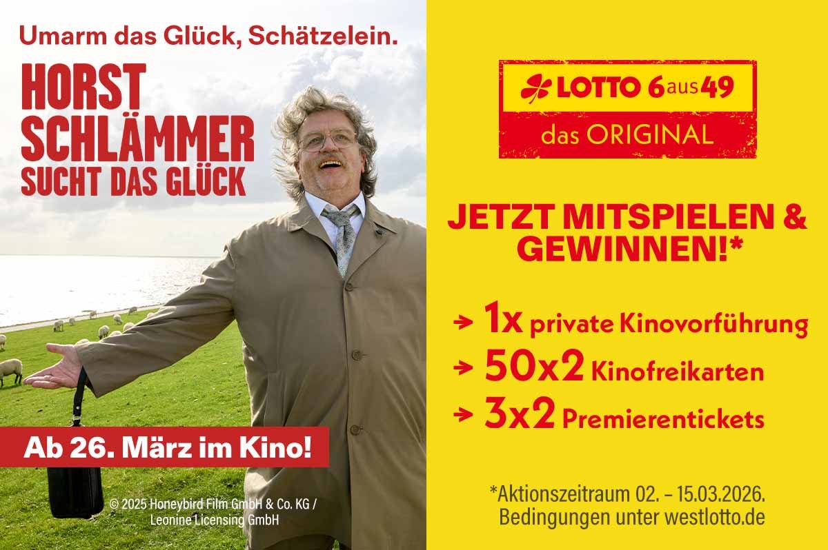 Horst Schlämmer steht auf Wiese und reißt die Arme glücklich auseinander. Daneben Informationen zu Gewinnspiel zum Film 