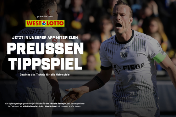 Zwei Preußen Münster-Spieler jubeln. Darauf ein Schriftzug mit den Informationen zum Preußen-Tippspiel