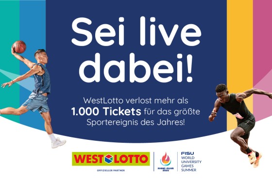Ein Basketballspieler und ein Läufer neben Schriftzug "Sei live dabei. WestLotto verlost mehr als 1.000 Tickets für das größte Sportereignis des Jahres | WestLotto World University Games 2025