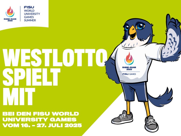 Grafik mit dem Maskottchen der Rhine-Ruhr 2025 FISU World University Games | WestLotto