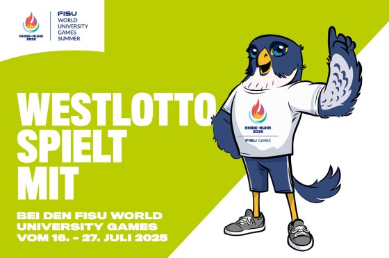 Grafik mit dem Maskottchen der Rhine-Ruhr 2025 FISU World University Games | WestLotto