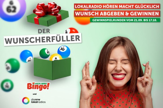 Frau freut sich und kreuzt Finger. Daneben eine Geschenkbox, aus der Local Hero Bingo-Kugeln fliegen. 