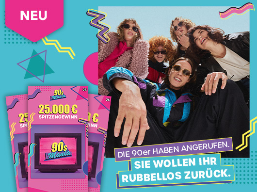 Übersichtsbild Rubbellos 90s Mania mit Hinweis Neu