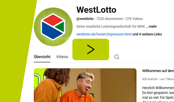 Screenshot des WestLotto-YouTube-Kanals inklusive Darstellung eines mittig positionierten Play-Buttons mit Verlinkung zum WestLotto YouTube-Kanal.